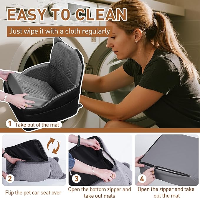 Dog Car Seat Booster with Waterproof Cover, Memory Foam, Small/Medium Dog Bed for Car Back Seat for Travel, Black/Grey, 2 Safety Belt-PawvioPets