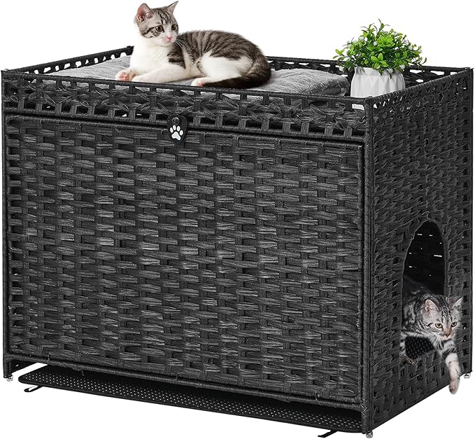 Cat Litter Box Enclosure with Soft Litter Mat; Hidden Cat Washroom Furniture with Door; Handwoven Rattan Cat House with Large Space; Pet Crate for Living Room, Bedroom, Balcony (Black)-PawvioPets