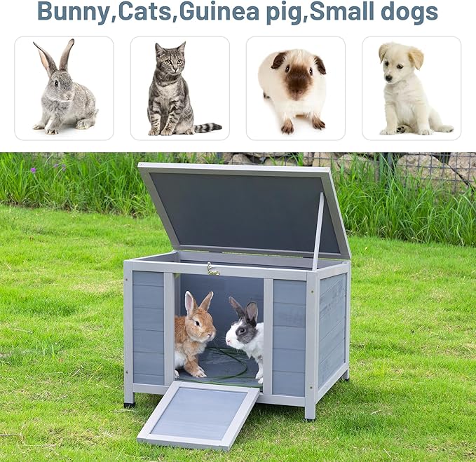 COZIWOW 24inches Wooden Catio Outdoor Cat House Small Animal House，Rabbit Hutch Indoor，Stable Weatherproof Bunny Cage Pet Shelter for Small Cat Dog Rabbit Guinea Pig (Grey)-PawvioPets