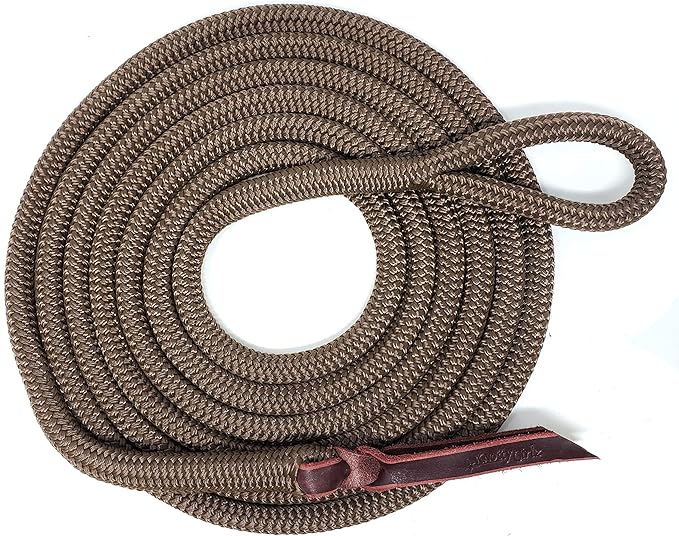 Double Braid Polyester Yacht Horse Lead Rope with Loop 12ft. or 14ft. Lengths (Brown, 14 ft. No Snap)-PawvioPets