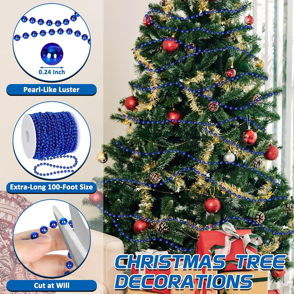 100 FT Christmas Tree Beads, Christmas Tree Garland Decoration, Plastic Hanging Beads Garland Chain Roll for Home Mantle Fireplace Wreath Decor Indoor Outdoor Xmas Tree DIY Supplies