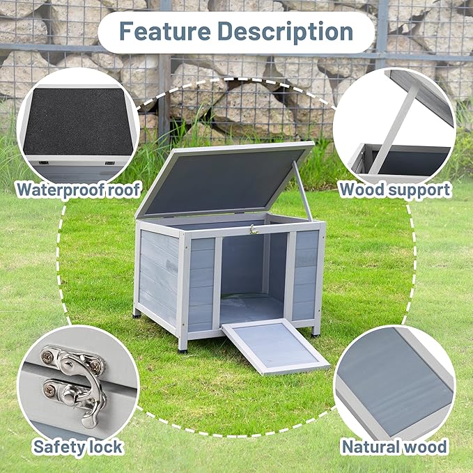 COZIWOW 24inches Wooden Catio Outdoor Cat House Small Animal House，Rabbit Hutch Indoor，Stable Weatherproof Bunny Cage Pet Shelter for Small Cat Dog Rabbit Guinea Pig (Grey)-PawvioPets