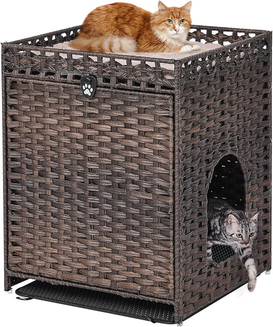 Cat Litter Box Enclosure with Soft Litter Mat; Hidden Cat Washroom Furniture with Door; Handwoven Rattan Cat House; Pet Crate for Living Room, Bedroom, Balcony (Brown)-PawvioPets