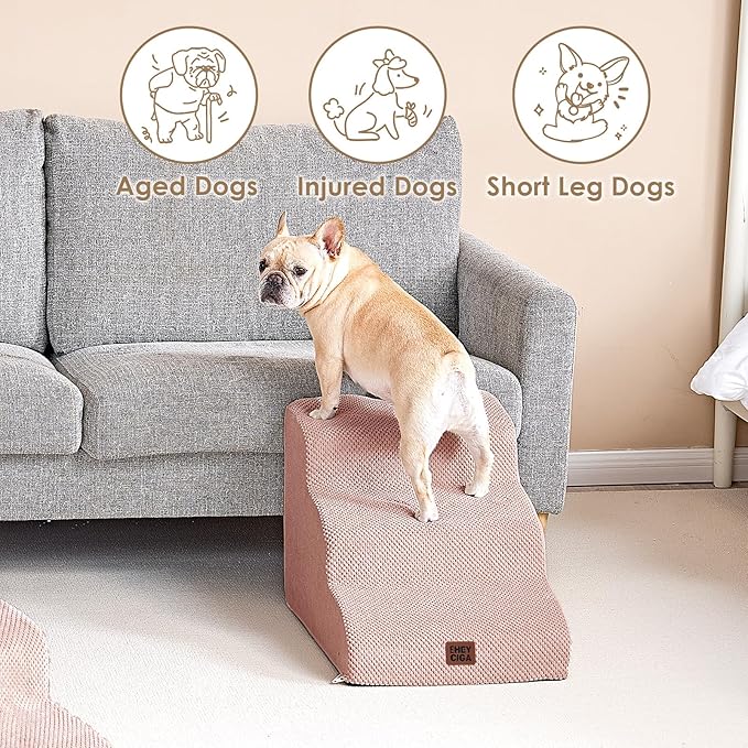 EHEYCIGA Curved Dog Stairs Ramp for Small Dogs 15.7" H, 3-Step Dog Steps for Couch Sofa and Chair, Pet Stairs for Cats, Non-Slip Balanced Pet Steps Indoor, Dusty Pink-PawvioPets