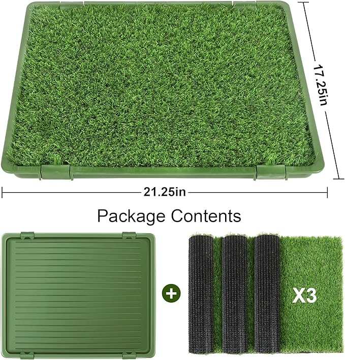 Dog Grass Pad with Tray: 3 Pack Grass Pee Pads for Dogs Potty for Puppy Training, Artificial Turf for Dogs with Collection Tray for Indoor /Outdoor /Patio /Balcony, 22"x18" Green-PawvioPets