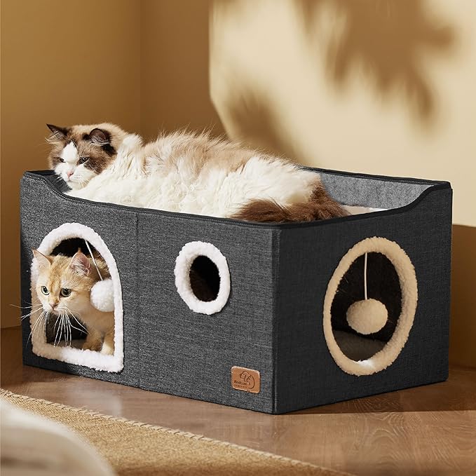 Bedsure Large Cat Beds for Indoor Cats - Extra Wide Cat Cube House for Small Pet with Fluffy Ball Hanging and Scratch Pad, Foldable Pet Cave Hideaway for Multiple Cats, 23.6x16.9x13 inches, Dark Grey-PawvioPets