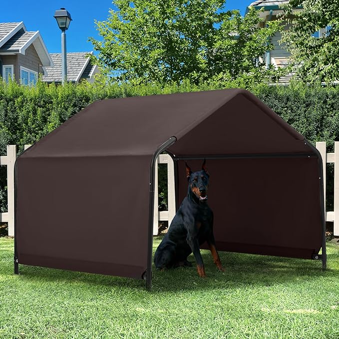 Dog Shade Shelter Outdoor 4'x4'x3' Tent for Large Medium Dogs, Outside Sun Rain Canopy Pet House for Livestock Pigs Cats with Waterproof Roof Ground Nails,Brown-PawvioPets