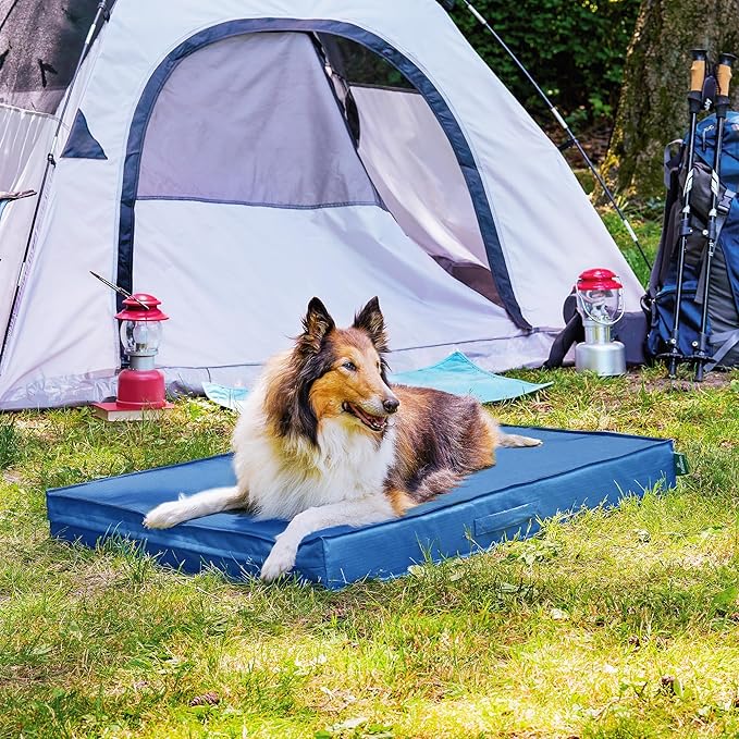 FurHaven Cooling Dog Bed – XL Foam Mattress for Joint Pain Relief, Waterproof Liner, Removable Washable Cover, Durable for Outdoor Use, Deluxe Grid Indoor/Outdoor Bed – Blue, Jumbo-PawvioPets