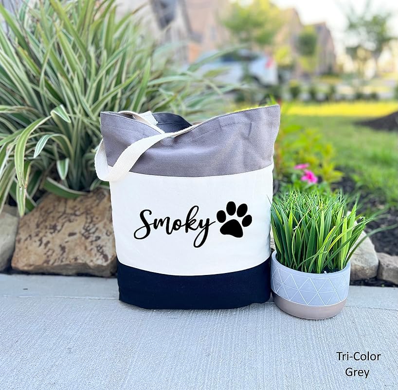 Custom Dog Tote Bag Personalized Dog Mom Gift Dog Toys Totes Pet Gift Custom Pet Bag Gift For Dog Mom Dog Lover Bag (15"L x 15"H x 3"D, Tri-Color Grey)-PawvioPets