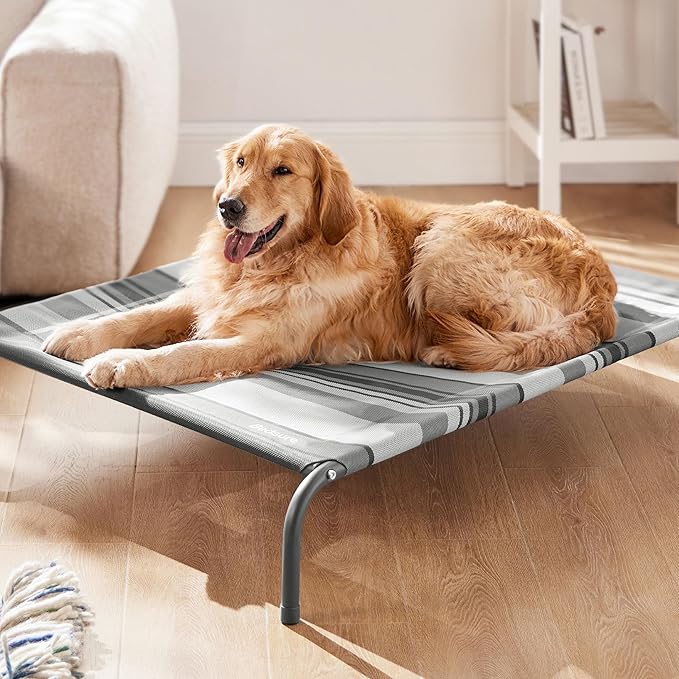 Bedsure Outdoor Elevated Dog Bed Large Sized Dog, Portable Indoor & Outdoor Cooling Raised Cot Pet Hammock Bed with Skid-Resistant Feet, Frame with Breathable Mesh, Striped Grey, 49 inches-PawvioPets