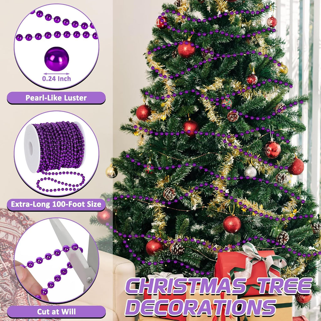 100 Feet Purple Christmas Decorations for Tree, Artificial Garland for Christmas Tree, Christmas Beads Garland for Xmas Tree Decorations Home Fireplace Balcony Party DIY Decor