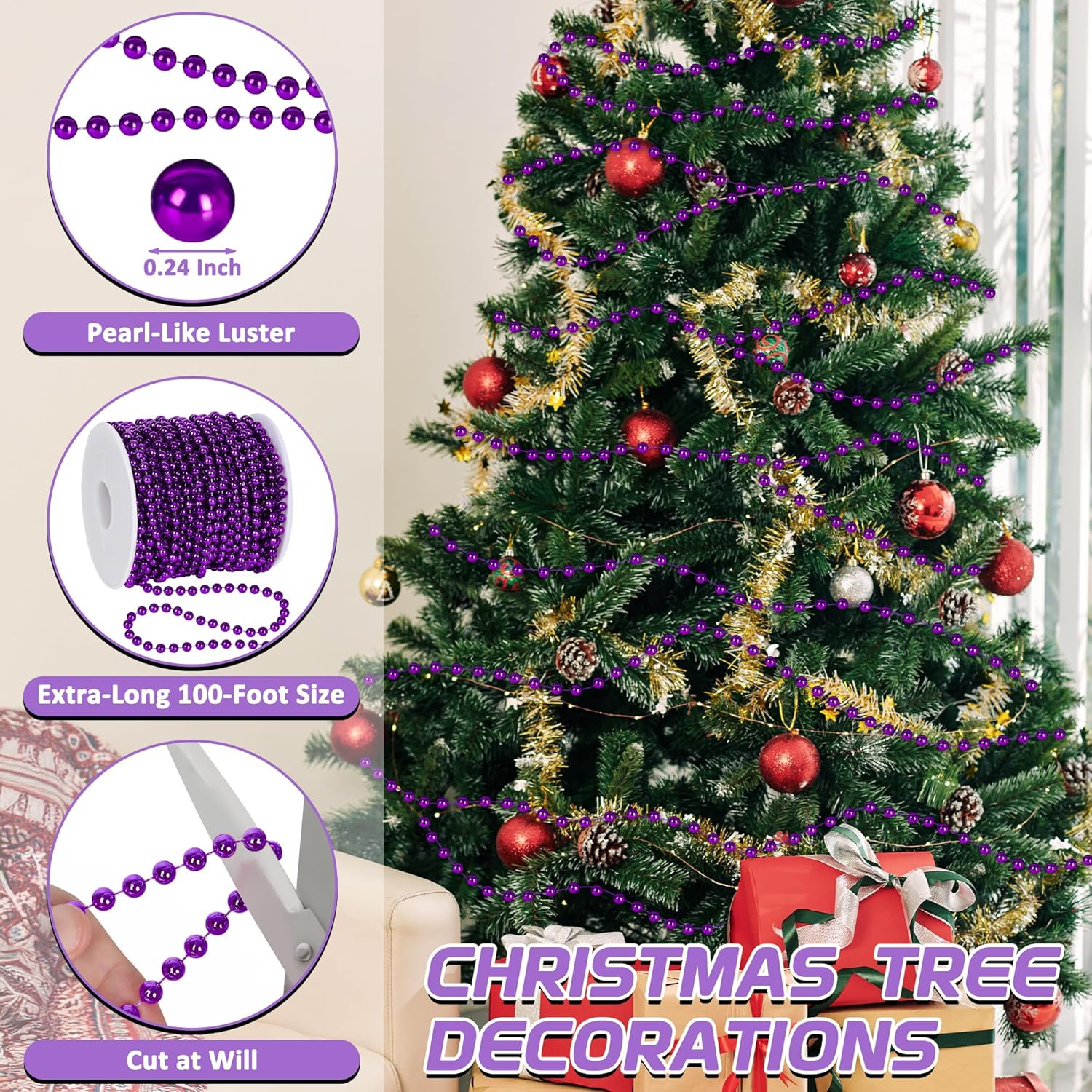 100 Feet Purple Christmas Decorations for Tree, Artificial Garland for Christmas Tree, Christmas Beads Garland for Xmas Tree Decorations Home Fireplace Balcony Party DIY Decor