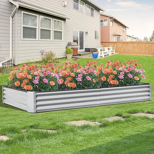 Domi Galvanized Raised Garden Bed, 8x4x1Ft Thickening Metal Planter Box for Vegetables Bottomless for Backyard Outdoor, 1" Deep w/ 228 Gallon Capacity - Silvery-PawvioPets