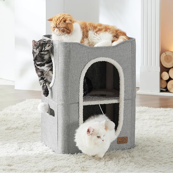 Bedsure 2 Story Cat House - Cat Condos for Indoor Cats with Scratch Pad and Fluffy Ball Hanging, Small Pet Cave Furniture Hideaway for Multi Pets, 18x14x23 inches, Grey-PawvioPets
