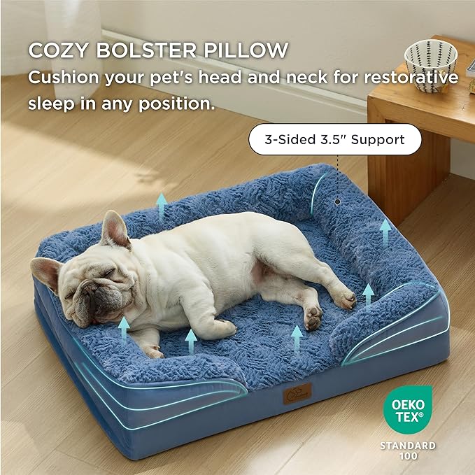 Bedsure Orthopedic Dog Bed Medium Size Dogs - Washable Medium Dog Cat Bed Waterproof, Comfort Pet Couch Sofa with Washable Removable Cover, Pets Bed with Nonskid Bottom, Plush-Blue, 28"-PawvioPets