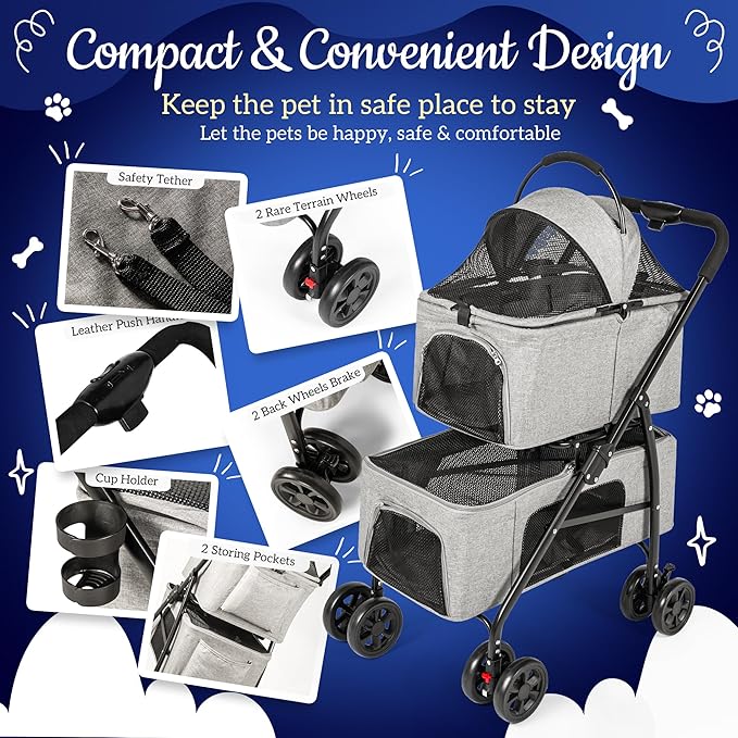 Detachable Pet Double Stroller with 4 Rolling Casters for 2 Pets – Lightweight Multifunctional Travel Stroller with Mesh Windows, Cup Holder, Sun Shades & Storage Pocket for Puppy and Kitty-PawvioPets