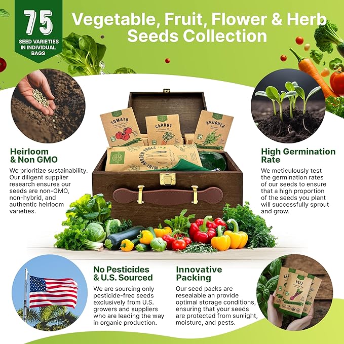 75 Herb & Vegetable Seeds Variety Pack, Garden Seed Starter Kit - Over 47,380 Non-GMO Heirloom Seeds for Planting Vegetables and Herbs Garden Seeds Gift Seed Box with Gardening Supplies, Survival Kit-PawvioPets
