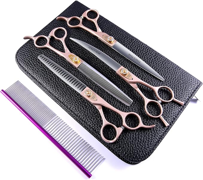 Fenice Peak 7.5‘’ Professional Dog Grooming Scissors Set Rose Gold 440C Stainless Steel Straight Thinning Curved Chunker Shears 4pcs Set for Pet Grooming Services Dogs and Cats-PawvioPets