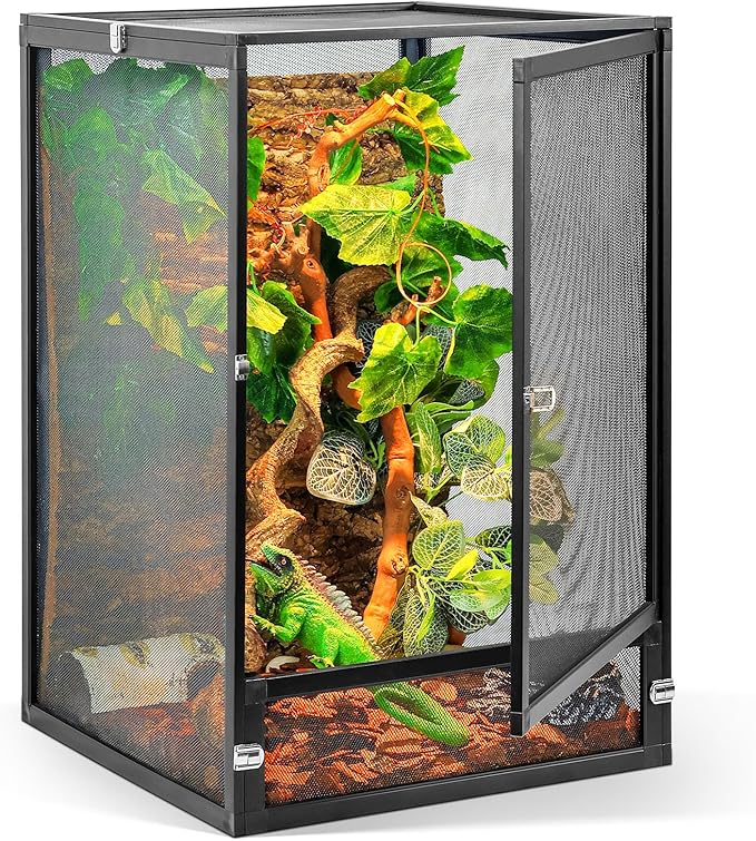 33 Gallon 360° Panoramic Foldable Reptile Terrarium Kit: Crested Gecko Tank and Reptile Cage for Superior Ventilation, Easy Feeding, Sturdiness, and Simple Assembly (Black, 26"x17"x17")-PawvioPets