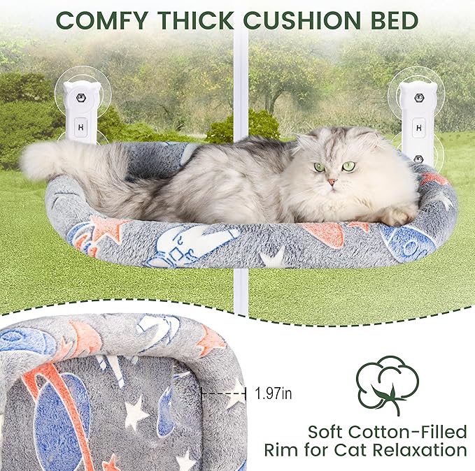 2 Pack Cat Window Perch, Glow in The Dark Foldable Cat Hammock with Cozy Pad Bed, Breathable Cordless Window Seat with Stud Metal Frame for Large Cats and Kitten (Cushion Bed, 2 Pack - L)-PawvioPets