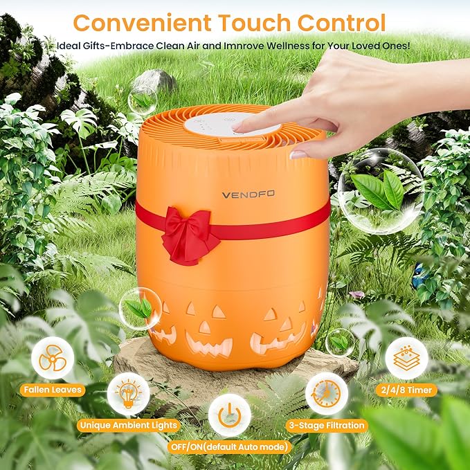 Air Purifiers for Home Bedroom up to 1076ft², True HEPA Air Filters Dust Pets Smoke Hair, 3 Fan Speeds Quiet, Timer Settings, Rechargeable Air Cleaner Office, Bedroom, Pets, Car(Orange)-PawvioPets