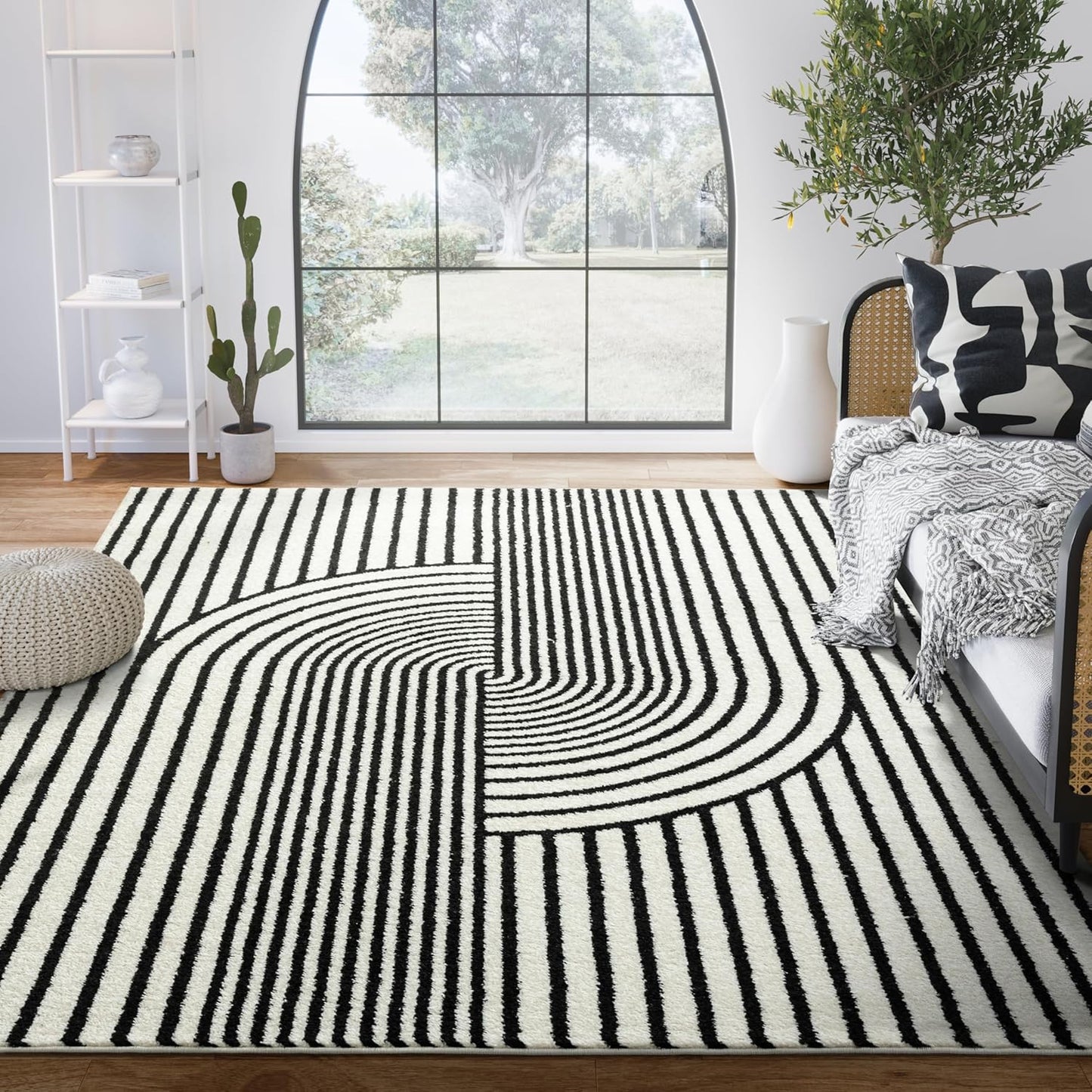 Abani Nuevo Collection Area Rug - Mid-Century Black and White Arch Knot Design - 6' x 9' - for Living Room, Bedroom & Office