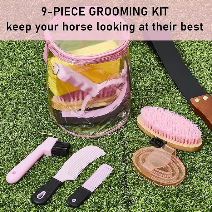 9 Pieces Horse Grooming Kit Tack Room Supplies Set with Organizer Tote Bag, Oval Massage Curry, Hard and Soft Brush, Hoof Pick, Sweat Scraper, Bathing Sponge, Combs for Horse Riders Beginners (Pink)-PawvioPets