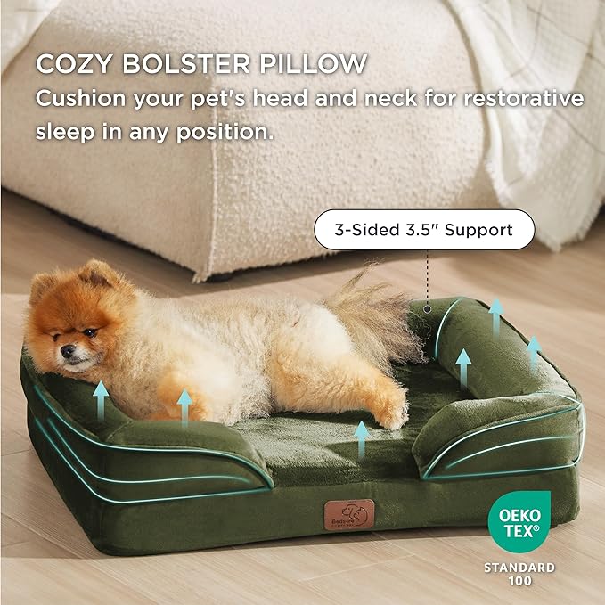 Bedsure Orthopedic Dog Beds for Small Dogs - Washable Small Dog Cat Bed Waterproof, Comfort Pet Couch Sofa with Washable Removable Cover, Pets Bed with Nonskid Bottom, Moss Green, 24"-PawvioPets