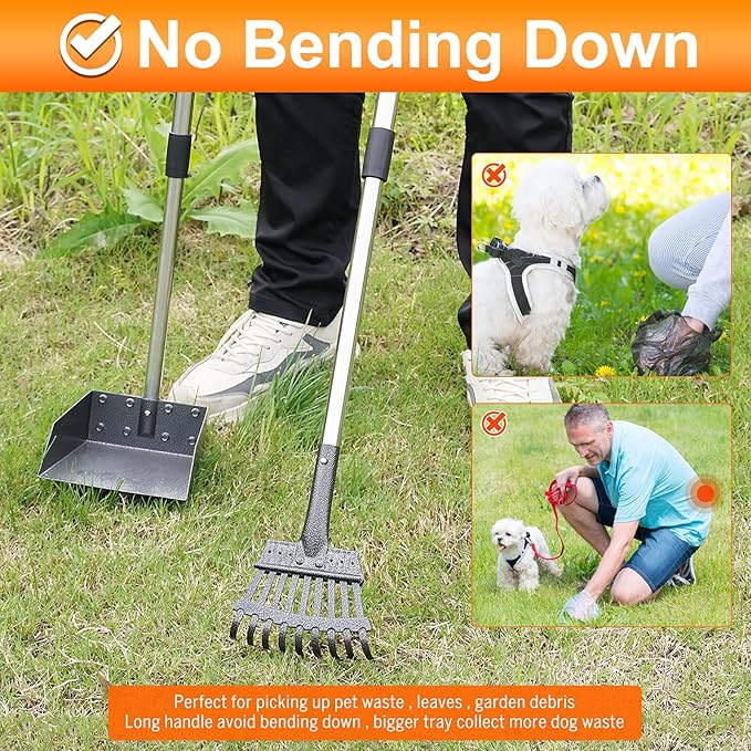 Dog Pooper Scooper, Adjustable Handle Poop Scooper with Tray,Rake and Spade Set of 3, Steel Stainless Poop Scoop for Small Medium Dogs and Pet Waste on Grass, Dirt and Gravel (Medium Size)-PawvioPets