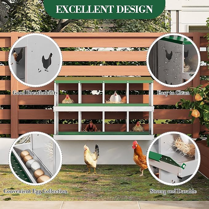 8 Hole Chicken Nesting Box with Roll Out Egg Tray, Rustproof & Ventilated Chicken Laying Boxes for Hens, Chickens, Ducks | Easy-Clean Poultry Coop Accessories-PawvioPets