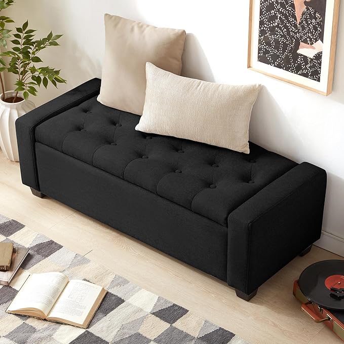 48" Ottoman with Storage, Black Storage Ottoman Bench with Safety Hinge, Upholstered Entryway Bench with Seating for Bedroom, Living Room, Holds up to 330 lb-PawvioPets