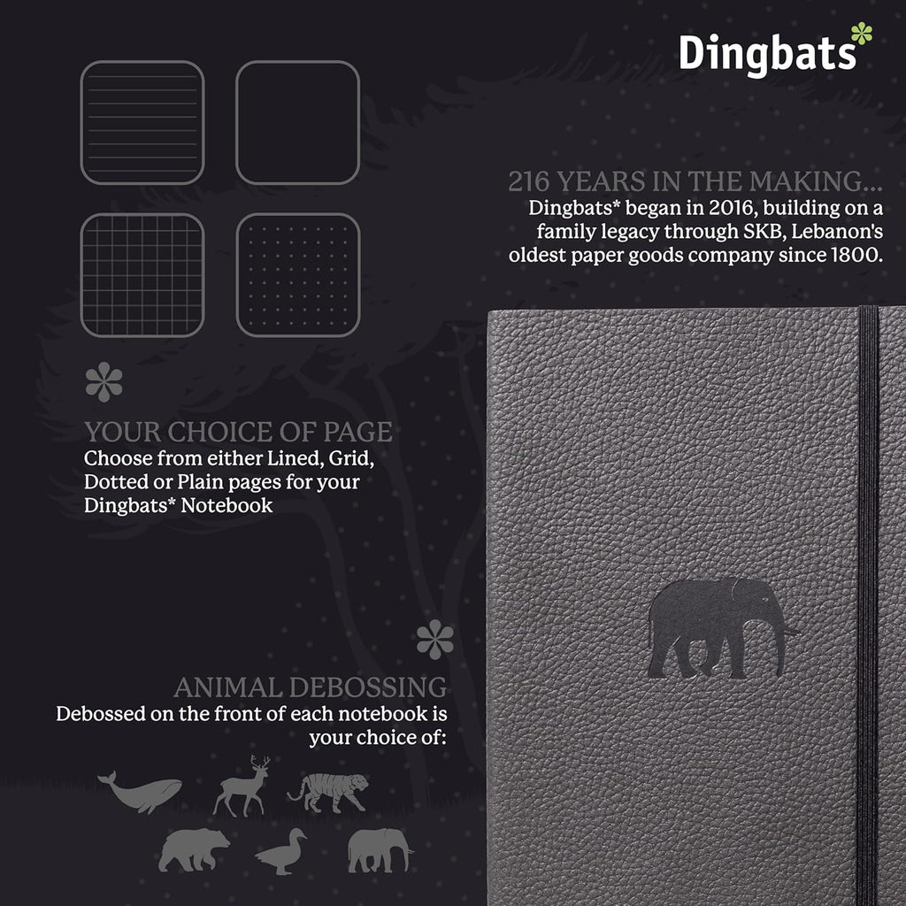 Dingbats* Wildlife Grid Writing Journal Notebook A5 - Vegan Leather Hardcover - Ideal for Work, Travel - Pocket, Elastic Closure, & Bookmark