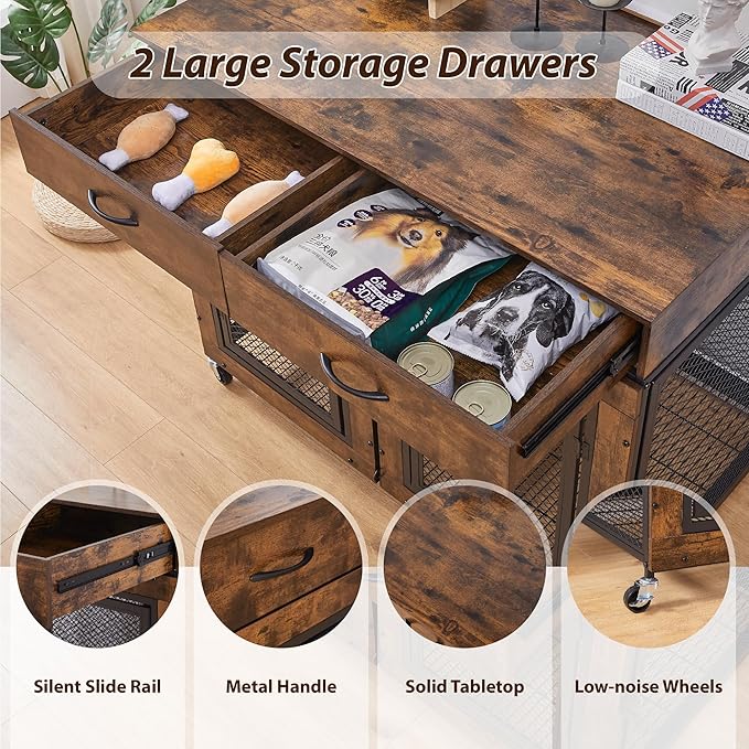 43" Large Dog Crate Furniture, Wood Dog Kennel End Table with Drawers, Decorative Pet Crate with Removable Partitions & Wheels, Dog House Indoor for Large/Medium/Small Dogs-PawvioPets