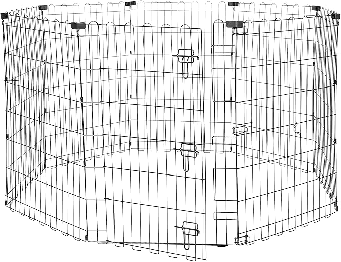 Amazon Basics Foldable Octagonal Metal Exercise Dog Playpen - Indoor/Outdoor, Single Door, Medium (8 Panels, 24 x 36), Easy to assemble and store, 36" - Medium, Black-PawvioPets