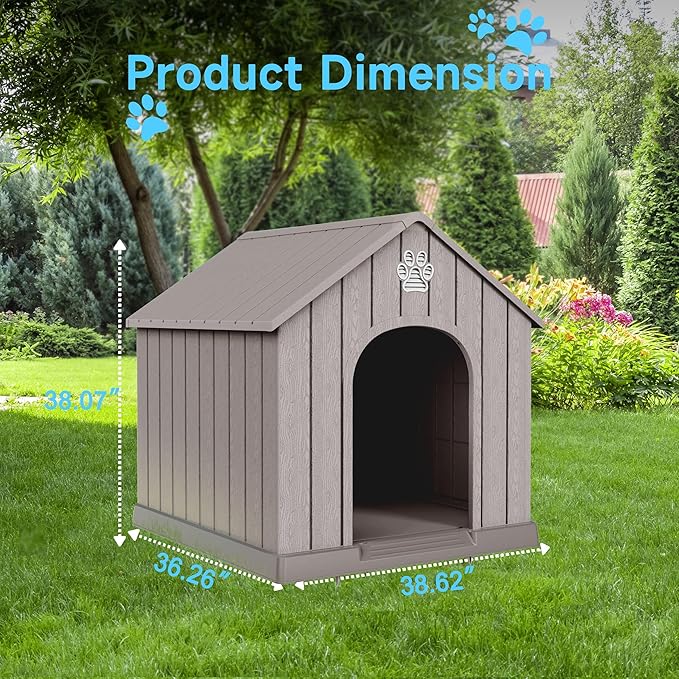 DRATO Indoor Outdoor Waterproof Dog House,PP Material,Puppy Shelter with Air Vents and Elevated Floor,Sturdy Dog Kennel for Small to Large Sized Dogs, Easy to Assemble (Gray, 38.62×36.26×38.07 Inches)-PawvioPets