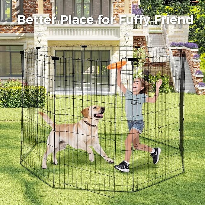 Foldable Dog Playpen 48" Height 8 Panels Metal Exercise Pen No Door - Indoor/Outdoor Dog Play Pen for Medium-Large Dogs, Portable Pet Fence for Yard Garden Camping, Black-PawvioPets