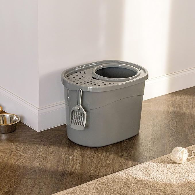 Amazon Basics Large Cat Litter Box with High Sides, Top Entry, Includes Scoop, 20.5 x 14.75 x 14.38 inches, Grey-PawvioPets