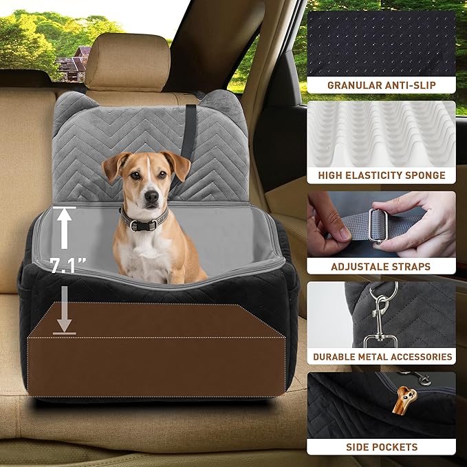Dog Car Seat Booster with Waterproof Cover, Memory Foam, Small/Medium Dog Bed for Car Back Seat for Travel, Black/Grey, 2 Safety Belt-PawvioPets