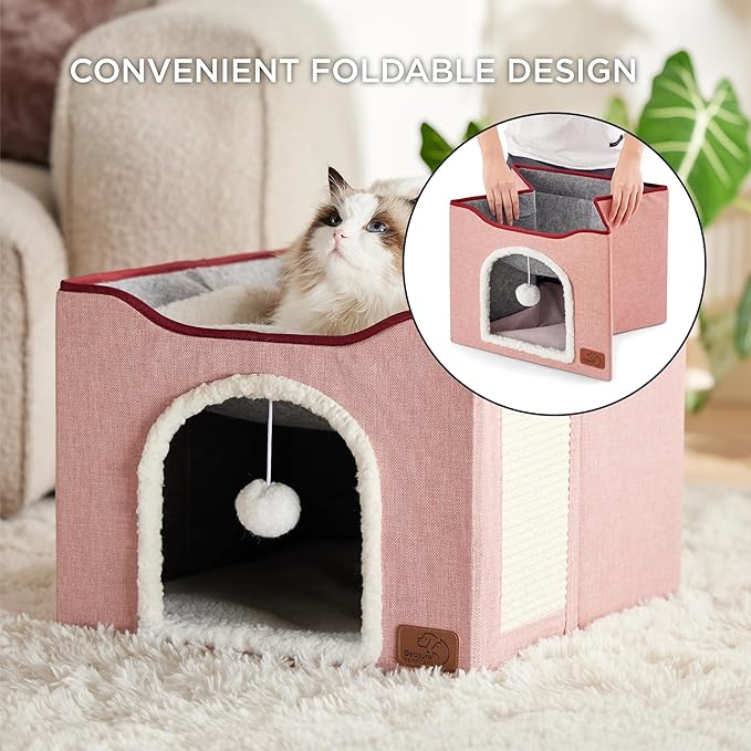 Bedsure Cat Beds for Indoor Cats - Large Cat Cave for Pet Cat House with Fluffy Ball Hanging and Scratch Pad, Foldable Cat Hideaway,16.5x16.5x13 inches, Pink-PawvioPets