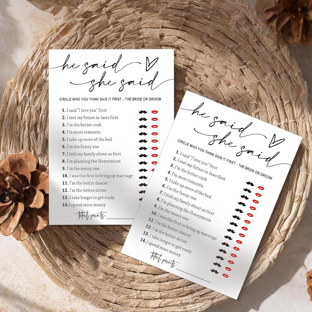 Fun Bridal Shower Games Set 25 Weddin Games Cards He Said She Said with Fun Bride and Groom Trivia Favors for 25 Guests, Minimalist White Wedding Party Supplies - A09