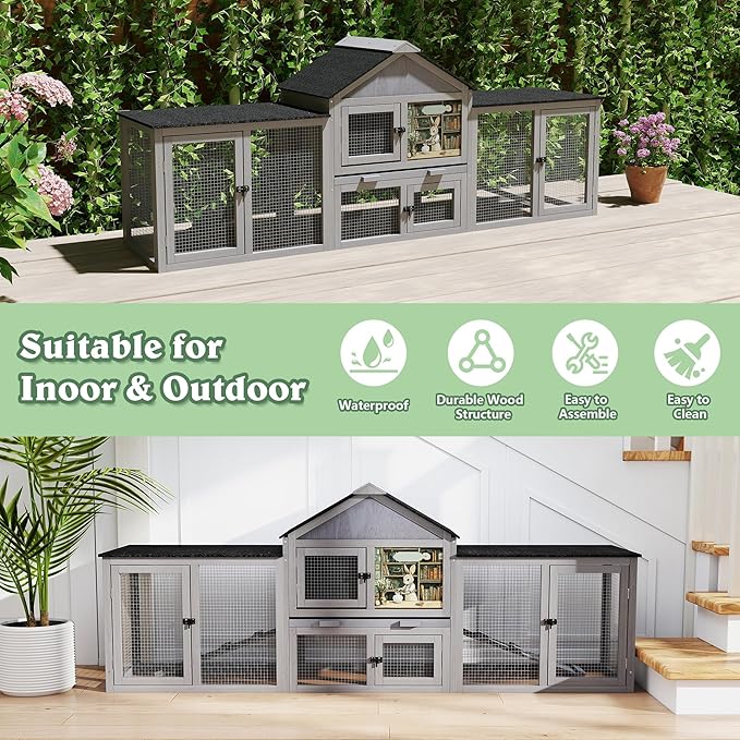COZIWOW 82inches Extra Large Wood Rabbit Hutch Outdoor Easy to Assemble and Stable Bunny Cage Indoor with Cleaning Tray & Waterproof Roof for Small and Medium Bunny Rabbit Chick (Grey)-PawvioPets