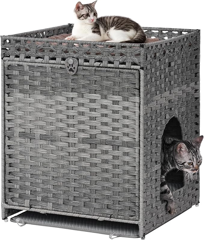 Cat Litter Box Enclosure with Soft Litter Mat; Hidden Kitten Washroom Furniture with Door; Handwoven Rattan Cat House; Pet Crate for Living Room, Bedroom, Balcony (Grey)-PawvioPets