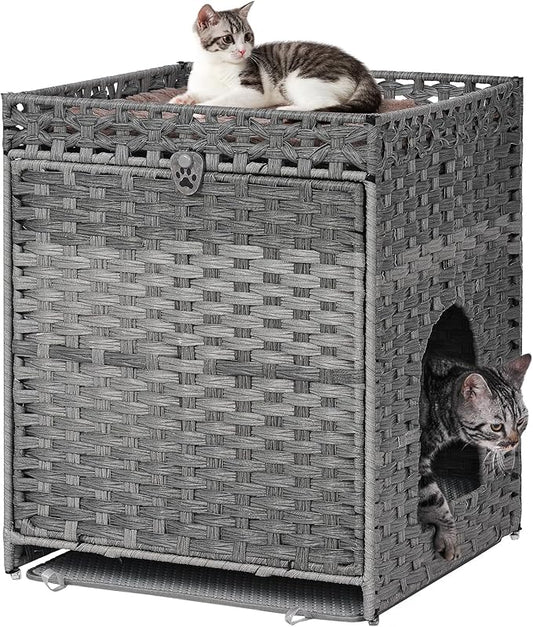 Cat Litter Box Enclosure with Soft Litter Mat; Hidden Kitten Washroom Furniture with Door; Handwoven Rattan Cat House; Pet Crate for Living Room, Bedroom, Balcony (Grey)-PawvioPets