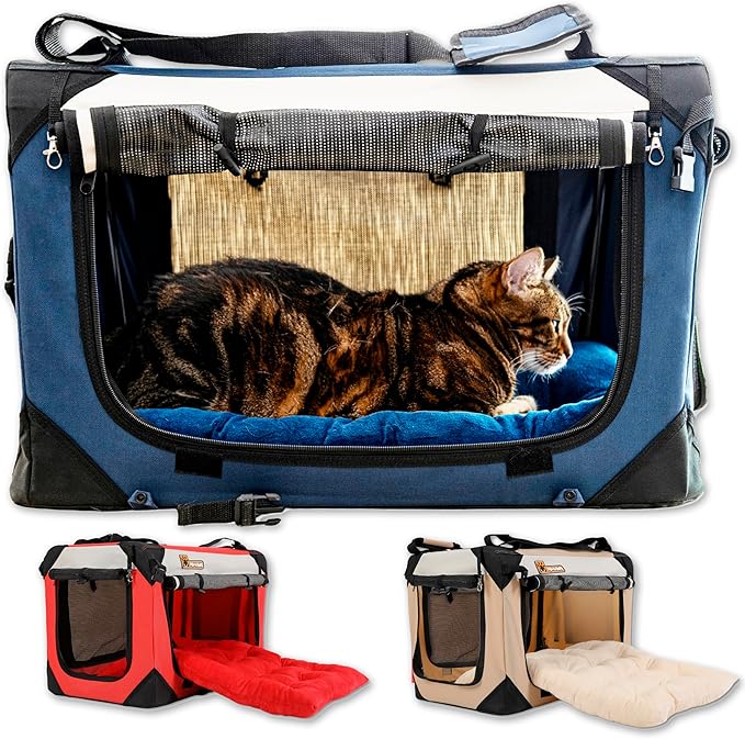 Extra Large Dog Cat Puppy Carrier 24"x16"x16" Foldable Soft Sided Travel Crate Portable Pet Kennel With Cushion Reduces Anxiety Saves Space Easy Vet Visits Secure Triple Entry Mesh Lightweight Durable-PawvioPets
