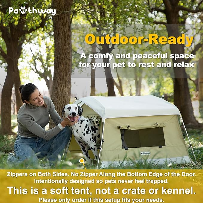 Dog Tent Cotton Fabric, Aluminum Poles and Camping Mat, Outdoor Weatherproof, Dog House Outdoor, Breathable with 2 Side Windows, Portable and Collapsible (Green, Large)-PawvioPets