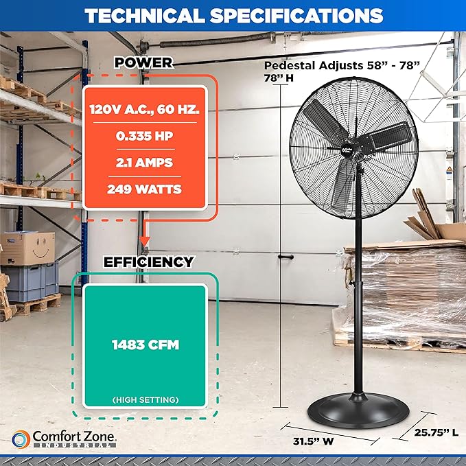 Comfort Zone Industrial Pedestal Fan, 30 inch, 3 Speed, High Velocity, Adjustable Height 56” to 76”, Metal, Meets OSHA Standards, Airflow 36 ft/sec, Ideal for Garage, Workshop or Warehouse, CZHVP30-PawvioPets