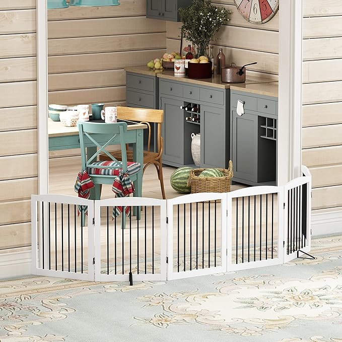 Freestanding Pet Gate for Dogs, Foldable Wooden Dog Gate for House, Extra Wide Indoor Pet Barrier for Stair, Doorway, Hall, Support Feet Included, 120 Inch Wide, 6 Panels 24", White-PawvioPets
