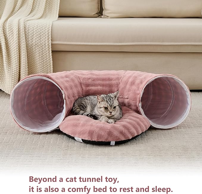 Bubble Cat Tunnel for Indoor Cats, Round Peekaboo Cave Toy with Dangling Balls, Donut Tunnel Bed with Circle Mat for Puppy Kitten Rabbit, Dusty Pink-PawvioPets