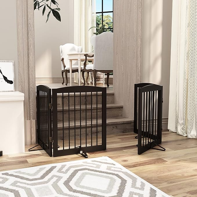 Freestanding Pet Gate for Dogs, Foldable Wooden Dog Gate for House, Indoor Pet Barrier for Stairs, Doorways, Support Feet Included, 24" Height 2 Panels, Brown-PawvioPets