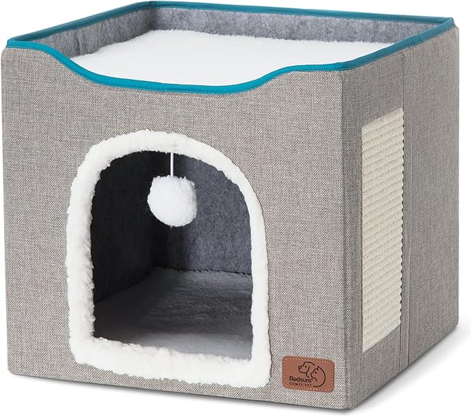 Bedsure Cat Beds for Indoor Cats - Large Cat Cave for Pet Cat House with Fluffy Ball Hanging and Scratch Pad, Foldable Cat Hideaway, 16.5x16.5x13 inches, Grey-PawvioPets